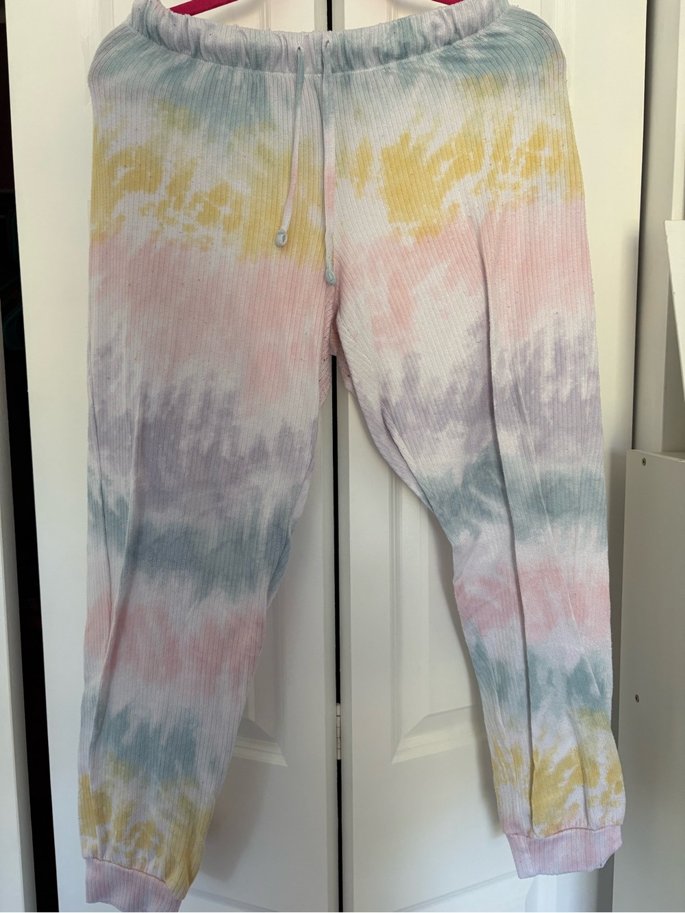 Jenni Pastel Tie-Dye Ribbed Jogger Pants - Yellow, Pink, Blue, Gray
